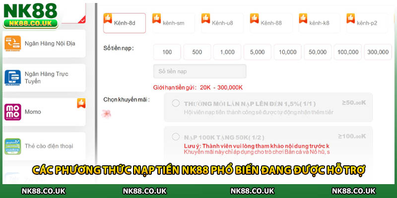 Các phương thức nạp tiền NK88 phổ biến đang được hỗ trợ